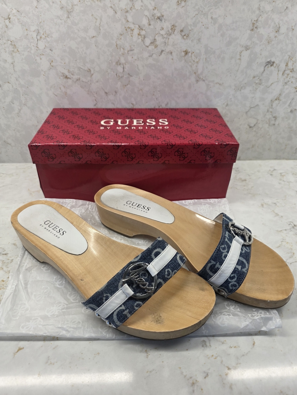 GUESS By Marciano Women's Denim Logo Slide Sandals in Blue and White